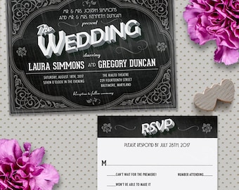 Vintage Movie Title Screen Wedding Stationery Set; Invitation and Reply Card; Printable, Evite or Printed (US Only) Invitations