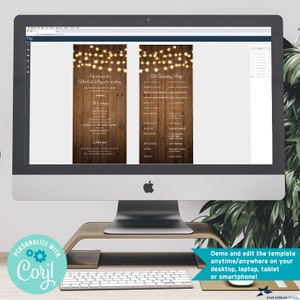 K&ouml;nnte beinhalten: Ein Computerbildschirm zeigt eine Hochzeitsinvitationsvorlage mit rustikalem Holzhintergrund und Lichterketten. Der Text auf dem Bildschirm lautet "Willkommen zur Hochzeit von Nora und Bryant" und "Die Hochzeitsgesellschaft".