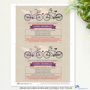 Purple Two Bicycles Love Faux Linen Bridal Wedding Shower Printable Invitation Template Instant Download Editable PDF image 3