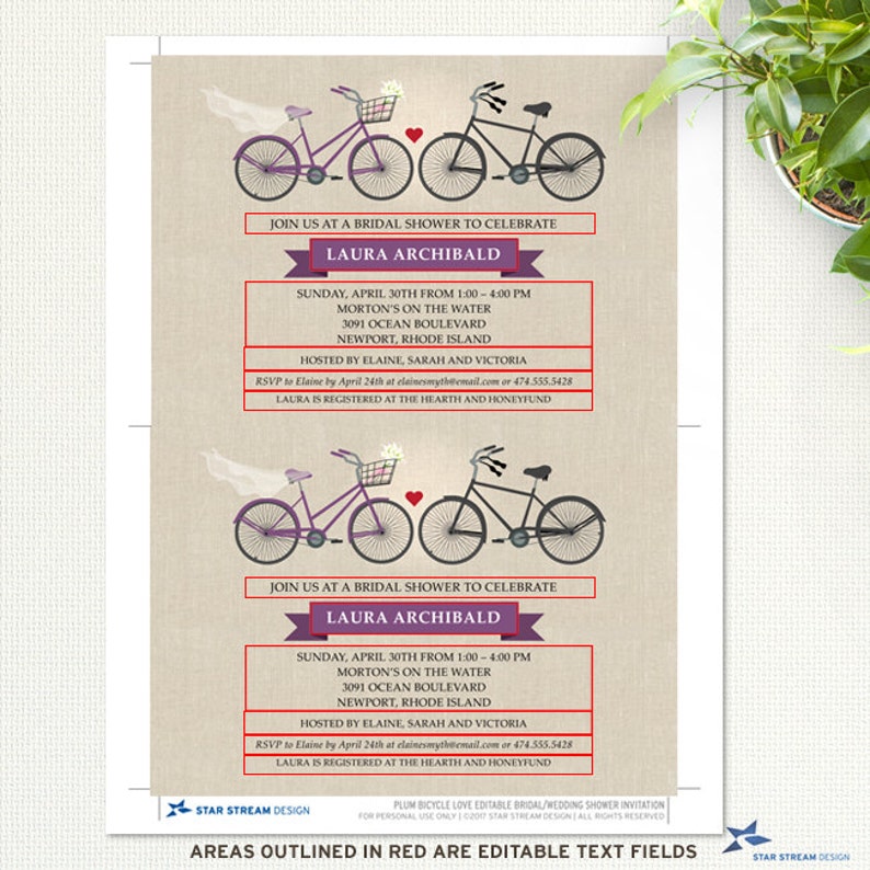Purple Two Bicycles Love Faux Linen Bridal Wedding Shower Printable Invitation Template Instant Download Editable PDF image 3