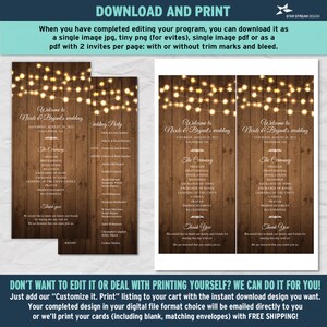 K&ouml;nnte beinhalten: Eine druckbare Hochzeits-Programmvorlage mit rustikalem Holzhintergrund und Lichterketten. Das Programm enth&auml;lt die Reihenfolge der Zeremonie, die Namen der Hochzeitsgesellschaft und eine Dankesbotschaft. Der Text lautet "Willkommen zur Hochzeit von Nicole und Bryant".