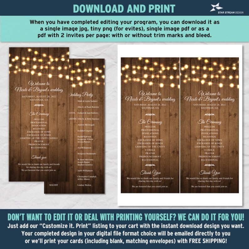 K&ouml;nnte beinhalten: Eine druckbare Hochzeits-Programmvorlage mit rustikalem Holzhintergrund und Lichterketten. Das Programm enth&auml;lt die Reihenfolge der Zeremonie, die Namen der Hochzeitsgesellschaft und eine Dankesbotschaft. Der Text lautet "Willkommen zur Hochzeit von Nicole und Bryant".