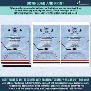 May include: Three printable hockey-themed birthday invitations with a blue background and a hockey rink design. The invitations are for Michael Goldstein's 12th birthday party. The text on the invitations reads "Please join us for Michael Goldstein's 12th Birthday. The Faceoff Begins Saturday, February 24th 1:00-3:30 PM Hudson Skate 751 Rumsey Road Yonkers, New York RSVP to Jen at (914) 555-2001 by Feb. 20th."