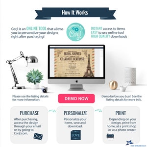 May include: An infographic titled How It Works explaining the Corjl online tool for personalizing designs. It features a computer monitor displaying a bridal shower invitation with an Eiffel Tower graphic, alongside icons for purchase, personalization, and printing steps.