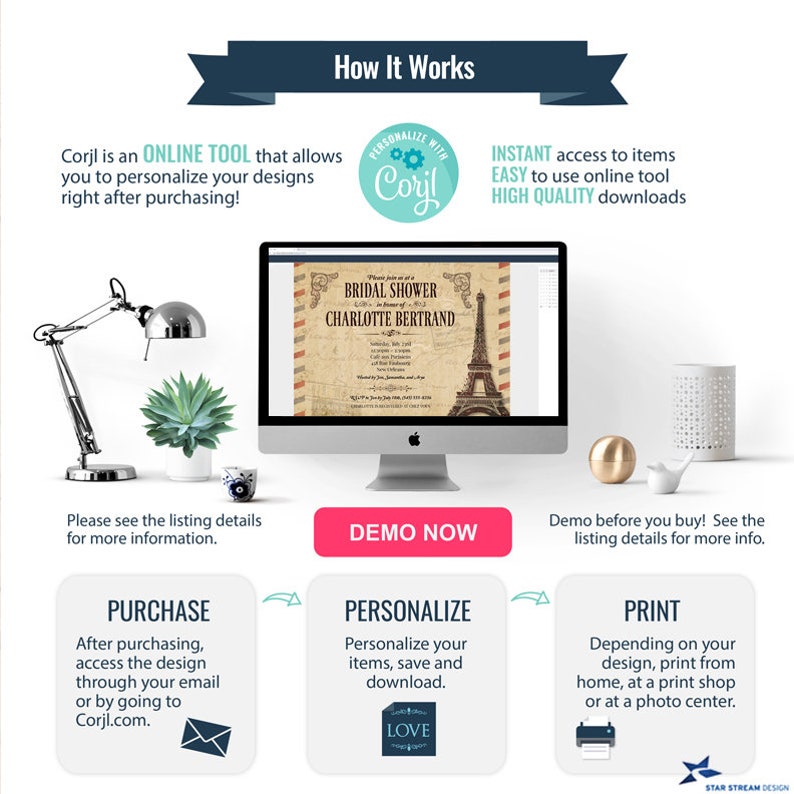 May include: An infographic titled How It Works explaining the Corjl online tool for personalizing designs. It features a computer monitor displaying a bridal shower invitation with an Eiffel Tower graphic, alongside icons for purchase, personalization, and printing steps.