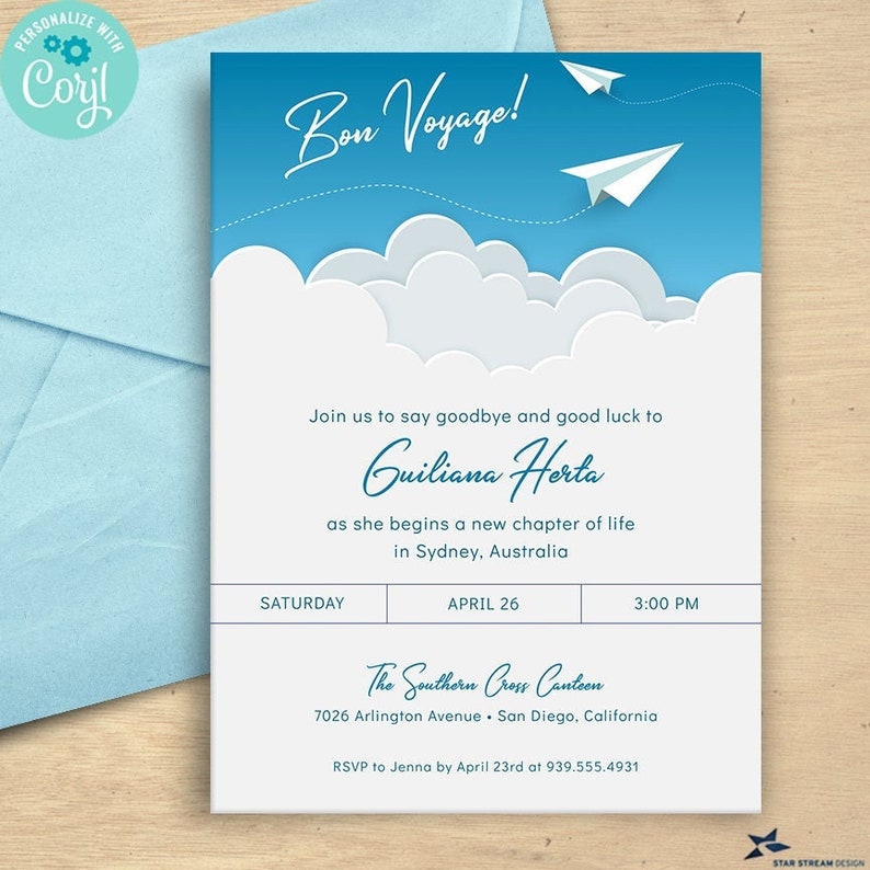 A vertical digital invitation titled "Bon Voyage!" in white script. The top half features a vibrant blue sky with two white paper airplanes flying above soft, layered white clouds. The bottom half is a light, pale blue containing clean, centered text placeholders for the guest of honor's name, event date, time, and location. The design uses a mix of elegant blue script and modern sans-serif fonts, creating a professional and breezy travel-themed aesthetic.