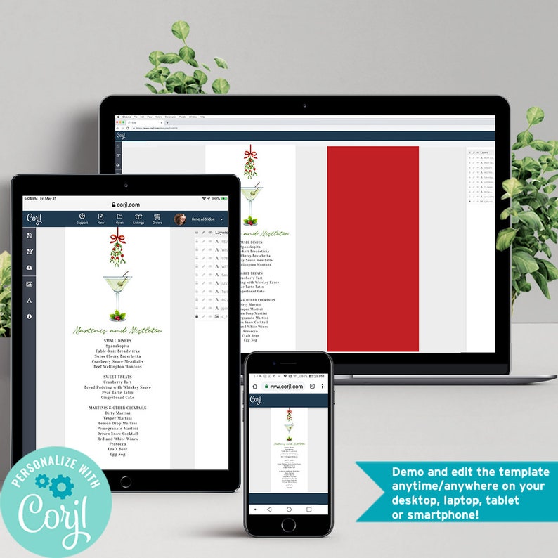 May include: A digital mockup of a Christmas menu template on a laptop, tablet, and smartphone. The menu features a festive illustration of a martini glass with mistletoe and the text "Martini's and Mistletoe".