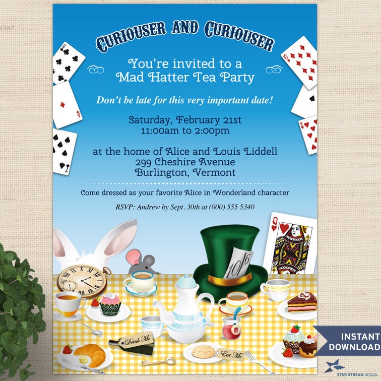 Mad Hatter Wonderland Printable Tea Party Invitation Templates, 5 mad-hatter-wonderland-printable-tea-party-invitation-templates-5-x7-two-editable-pdfs-instant-downloads-etsy