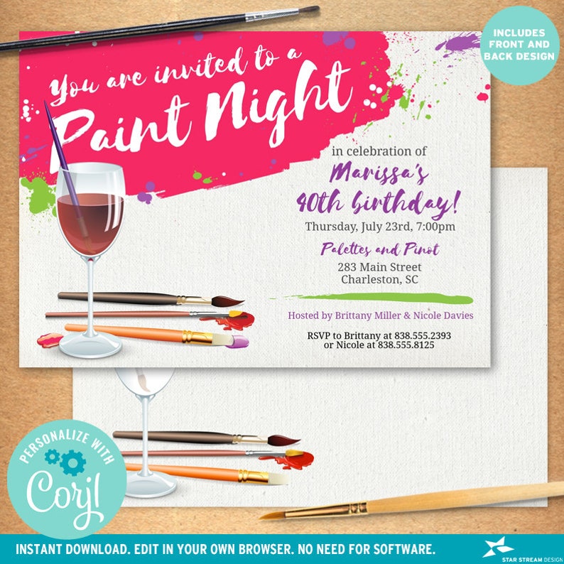 Paint Night, Paint and Sip Wine Glass Canvas Party Invitation 2-sided, 7x5 Editable Template Edit Online & Print image 2