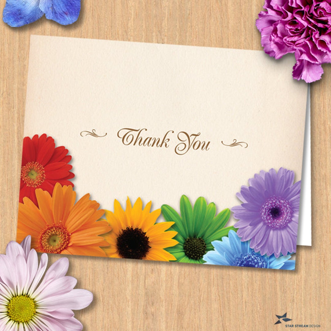 Rainbow Flower Thank You Printable Folded Greeting Card, JPG Instant ...