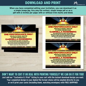 May include: A printable invitation for a birthday party with a red and gold marquee design. The invitation says "One Performance Only!" and includes the name "Gabriella Rosenberg".