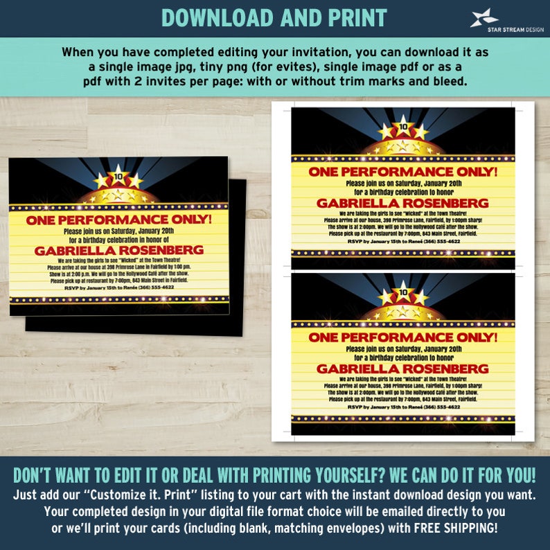 May include: A printable invitation for a birthday party with a red and gold marquee design. The invitation says "One Performance Only!" and includes the name "Gabriella Rosenberg".