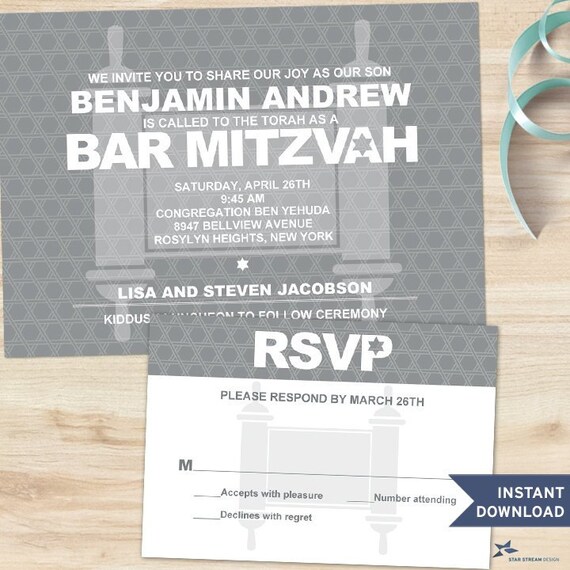 Gray Bold Typography Torah Bar Mitzvah Invitation and RSVP Printable Templates, Two Editable PDFs, Instant Download Il_570xn
