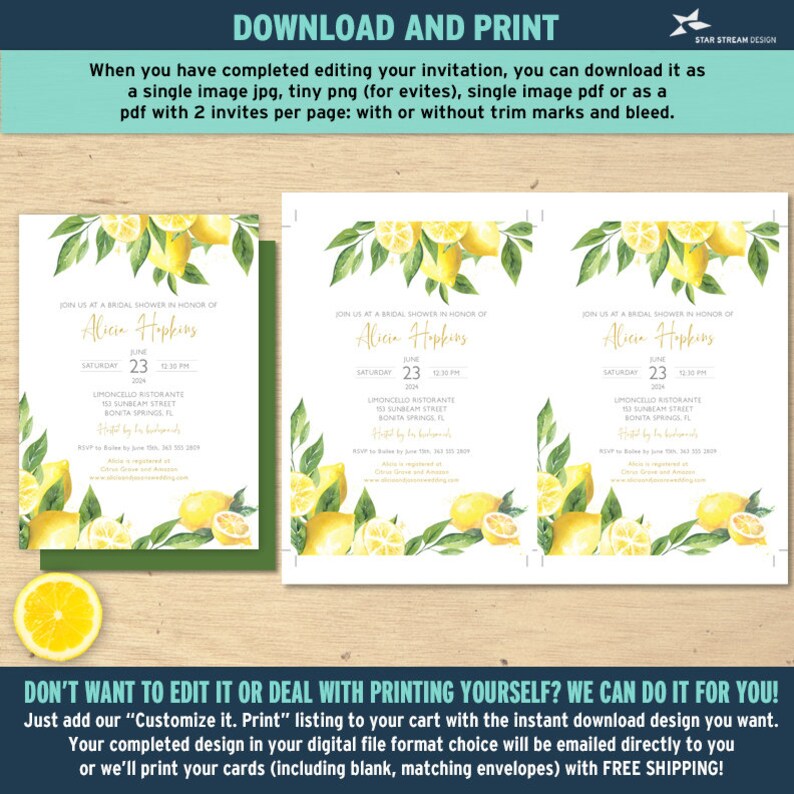 K&ouml;nnte beinhalten: Eine Zitronen-Motto-Einladung zu einer Bridal Shower mit einer Aquarell-Illustration von Zitronen und gr&uuml;nen Bl&auml;ttern. Die Einladung enth&auml;lt den Text "Join us at a bridal shower in honor of Alicia Hopkins" und das Datum "Samstag, 23. Juni 2024".