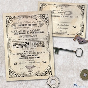 Victorian Steampunk Wedding Stationery Set Invitation and Reply Card, Printable, Evite or Printed (US Only) Invitations