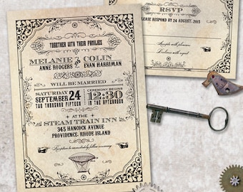 Victorian Steampunk Wedding Invitation Set: Printable Reply Card