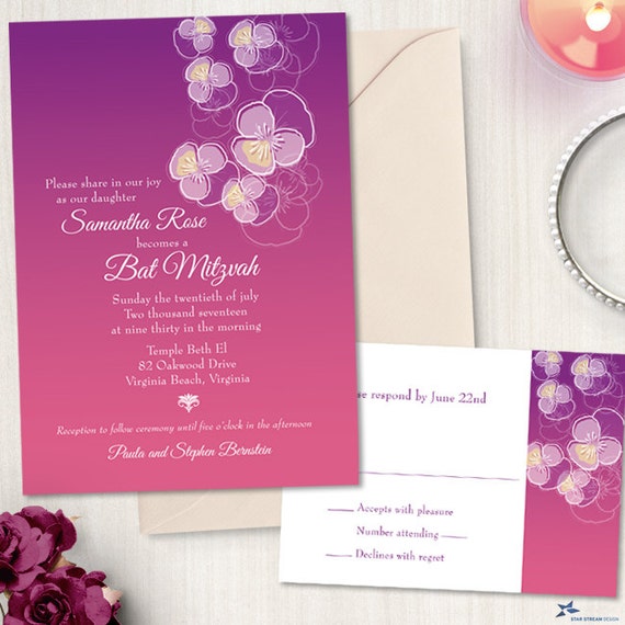Ombre Floral Pansy Bat Mitzvah Invitation and Reply Card; Printable, Evite or Printed (US Only) Invitation, 5 Color Choices Il_570xn