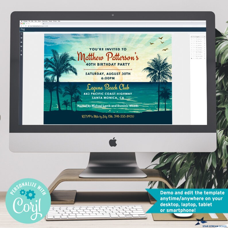 May include: A digital invitation for a 40th birthday party at Laguna Beach Club. The invitation features a beach scene with palm trees, a sunset, and the text "YOU'RE INVITED TO Matthew Patterson's 40TH BIRTHDAY PARTY SATURDAY, AUGUST 30TH 6:00PM Laguna Beach Club 443 PACIFIC COAST HIGHWAY SANTA MONICA, CA Hosted by Michael Lamb and Dominic Woods RSVP to Mike by July 15th, 398-555-8920".