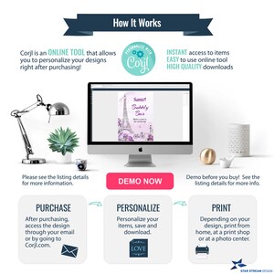 K&ouml;nnte beinhalten: Eine Grafik, die zeigt, wie man ein Online-Tool verwendet, um Designs zu personalisieren und zu drucken. Die Grafik zeigt einen Computerbildschirm mit einem Design f&uuml;r eine "Bubbly Bar"-Partyeinladung. Die Grafik zeigt auch drei Schritte: Kauf, Personalisierung und Druck.