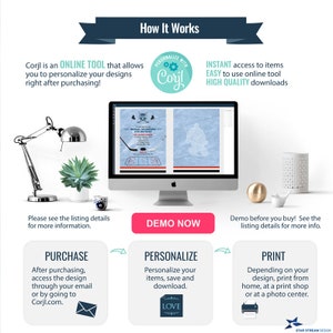 May include: A computer screen displaying a hockey-themed invitation template. The template is customizable using the Corjl online tool. The image also shows a step-by-step guide on how to purchase, personalize, and print the invitation.