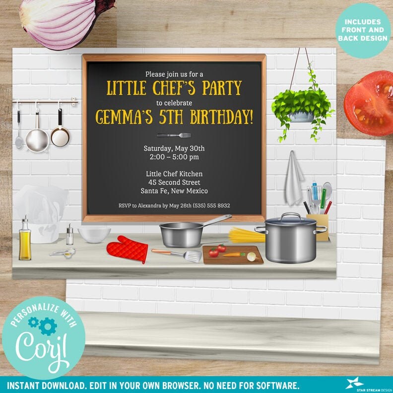 Kitchen Chef Cooking Birthday Party Invitation | 2-sided, 7x5 ...