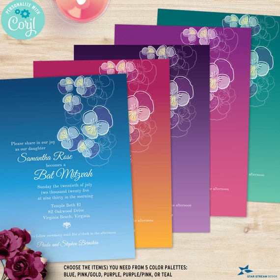 Ombre Floral Pansy Bat Mitzvah Suite | Choose 1 of 5 Colors | Invite, RSVP, Insert Card | Editable Digital Template | Edit Online & Print Il_570xn