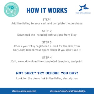 May include: A white graphic with blue text that reads "HOW IT WORKS" with steps for purchasing and downloading a template. The image includes the text "PERSONALIZE WITH Corjl" and "STAR STREAM DESIGN". The bottom of the image includes the website address.