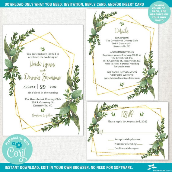 Watercolor Greenery Geometric Gold Frame Wedding Suite | Choose Invitation, RSVP, and/or Insert | Editable Templates | Edit Online & Print Il_570xn