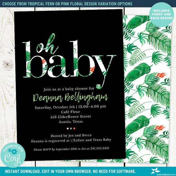 Oh Baby Floral Patterns Baby Shower Party Invitation, 2 design options | 2-sided, 5x7 | Editable Digital Template | Edit Online & Print Il_570xn