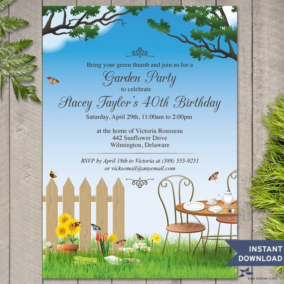 Flowering Garden Tea Party Printable Invitation Template 5 x7 