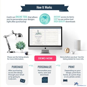 Puede incluir: Una ilustraci&oacute;n digital de una gu&iacute;a pr&aacute;ctica para usar Corjl, una herramienta en l&iacute;nea para personalizar dise&ntilde;os. La gu&iacute;a muestra los pasos para comprar, personalizar e imprimir dise&ntilde;os. La imagen incluye una pantalla de computadora que muestra un dise&ntilde;o de muestra, un bot&oacute;n rojo con la etiqueta "Demo Now" y un &iacute;cono de sobre azul.