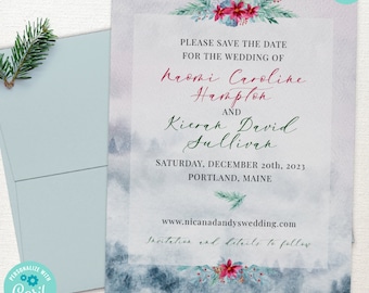 Watercolor Misty Forest Christmas Wedding Save the Date Card  | Choose 1 of 3 formats | Editable Digital Template | Edit Online & Print