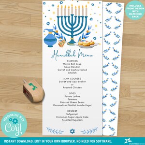 May include: A Hanukkah menu design with a blue menorah, dreidel, and food illustrations. The menu includes starters, main courses, sides, and dessert options. The design includes the text "Hanukkah Menu" and "Instant Download. Edit in your own browser. No need for software."