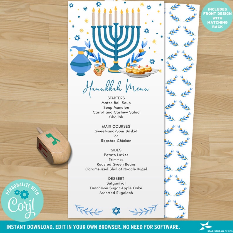 May include: A Hanukkah menu design with a blue menorah, dreidel, and food illustrations. The menu includes starters, main courses, sides, and dessert options. The design includes the text "Hanukkah Menu" and "Instant Download. Edit in your own browser. No need for software."