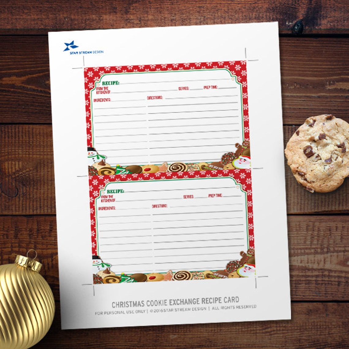 Printable Christmas Cookie Exchange Recipe Card Two Etsy