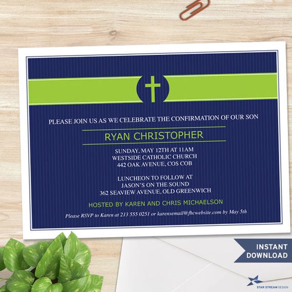 Printable Green Cross Band Blue Pinstripe Invitation Template