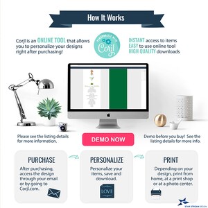 May include: How to personalize and print your designs using Corjl. A computer screen shows a sample design with a green background. The text on the screen says "Wedding Ceremony & Reception". The steps are: Purchase, Personalize, Print.  The image includes a green and white logo with the text "Corjl".