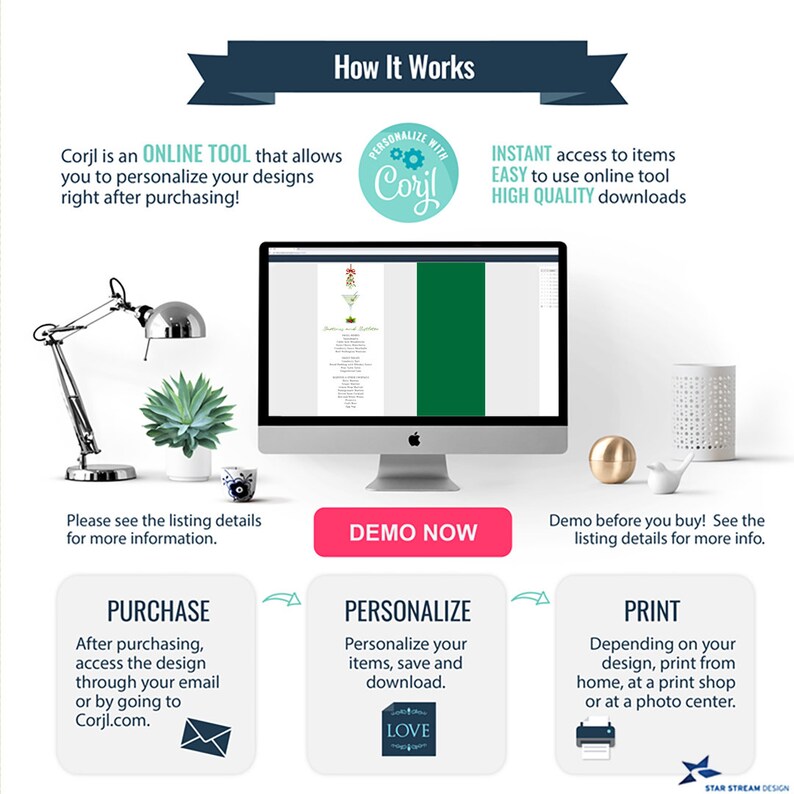May include: How to personalize and print your designs using Corjl. A computer screen shows a sample design with a green background. The text on the screen says "Wedding Ceremony & Reception". The steps are: Purchase, Personalize, Print.  The image includes a green and white logo with the text "Corjl".