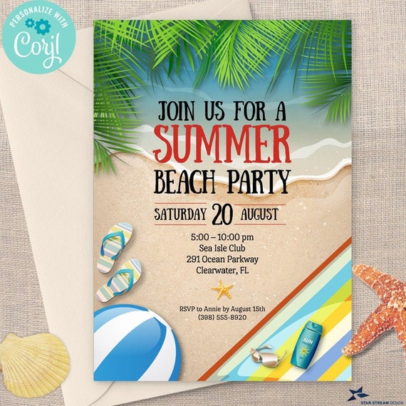 Tropical Summer Beach Party Invitation, Birthday Party 2sided, 5x7 Tropical Summer Beach Party Invitation, Birthday Party 2sided, 5x7