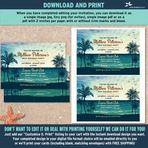 May include: Two tropical beach themed birthday party invitations with a blue, green, and white color scheme. The invitations feature palm trees, a sunset, and the text "You're invited to Matthew Patterson's 40th Birthday Party".