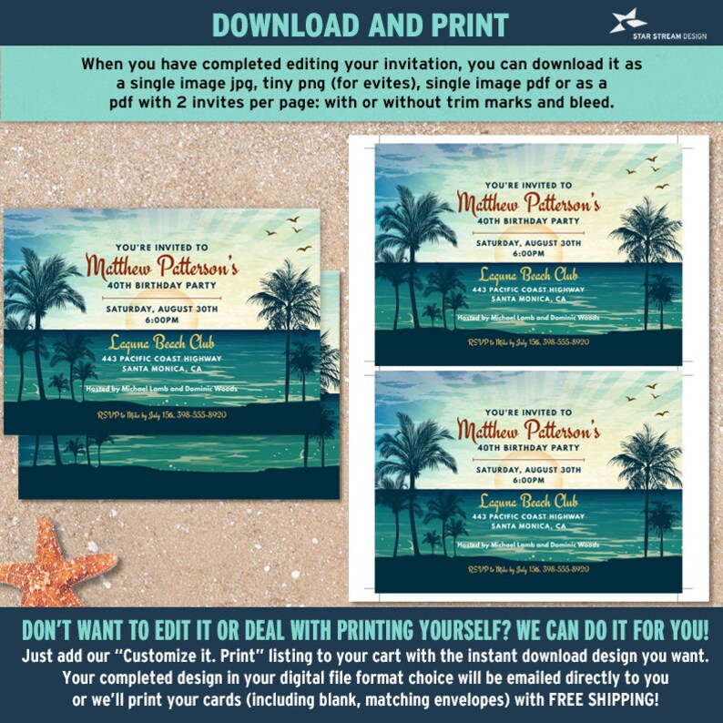 May include: Two tropical beach themed birthday party invitations with a blue, green, and white color scheme. The invitations feature palm trees, a sunset, and the text "You're invited to Matthew Patterson's 40th Birthday Party".