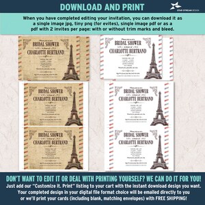 May include: A digital bridal shower invitation template featuring an Eiffel Tower illustration, vintage airmail border accents, and text reading Bridal Shower in honor of Charlotte Bertrand. The design is shown in single and double layouts.