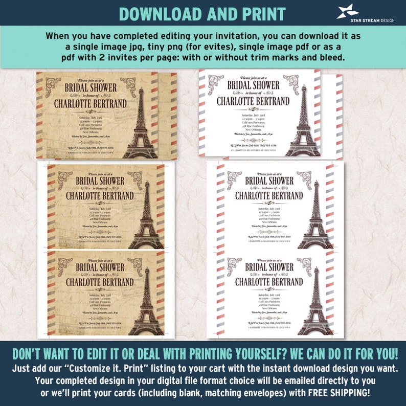 May include: A digital bridal shower invitation template featuring an Eiffel Tower illustration, vintage airmail border accents, and text reading Bridal Shower in honor of Charlotte Bertrand. The design is shown in single and double layouts.