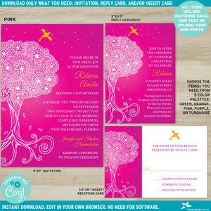 Ornate Tree of Life Bat Mitzvah Invitation, RSVP, and/or Insert 5 color options Editable Digital Template Edit Online & Print Pink