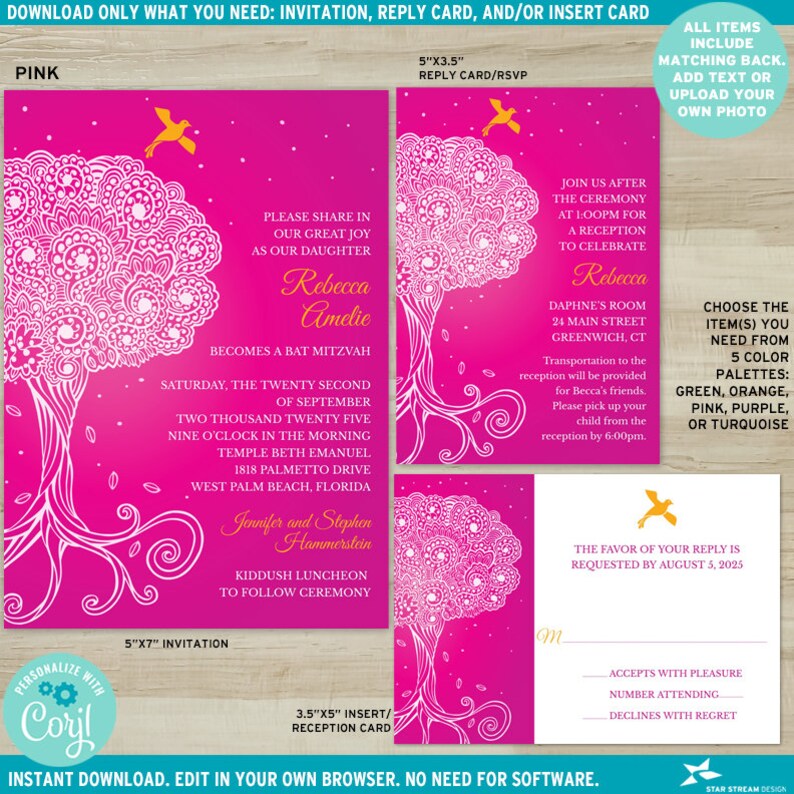 Ornate Tree of Life Bat Mitzvah Invitation, RSVP, and/or Insert 5 color options Editable Digital Template Edit Online & Print image 5