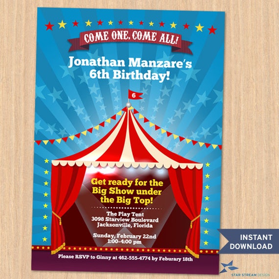 Printable Under the Big Top Circus Carnival Birthday Party Invitation ...