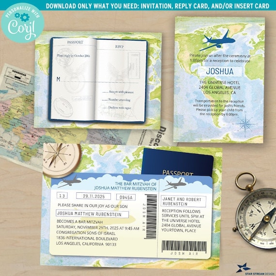 World Travel Theme Documents Bar or Bat Mitzvah Suite | Choose from Invite, RSVP, and Insert Card | Editable Template | Edit Online & Print Il_570xn