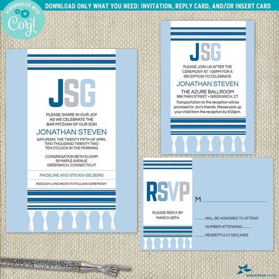 Blue Monogram Tallit Bar Bat Mitzvah Suite | Choose from Invite, RSVP, and Insert Card | Editable Template | Edit Online & Print Yourself Il_570xn