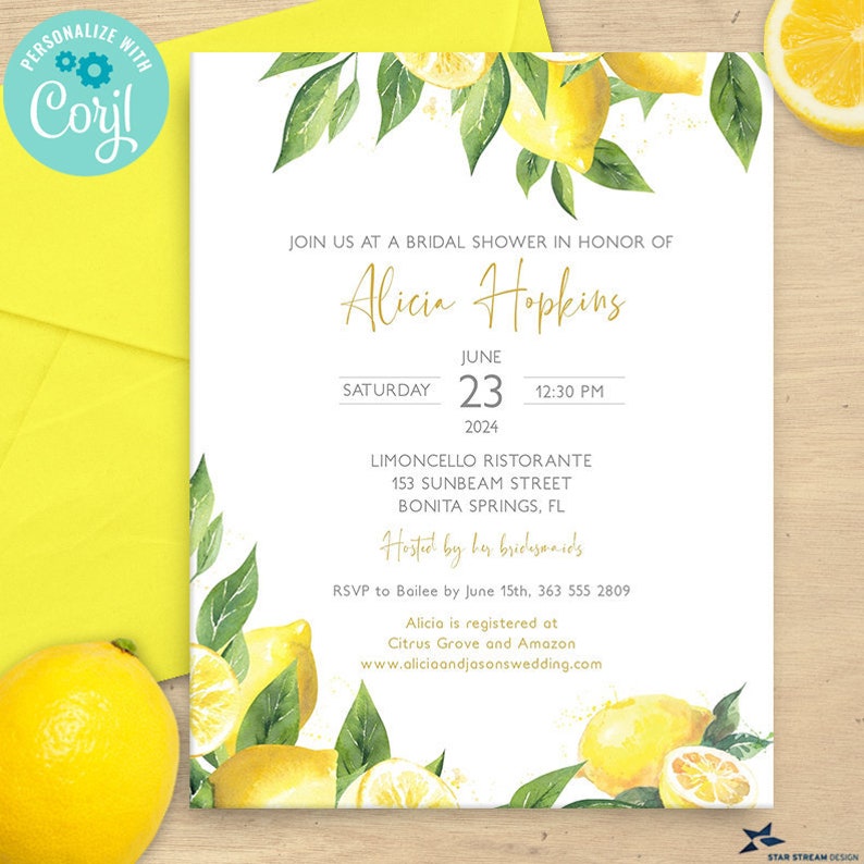Celebrate that the bride found her main squeeze with this lemon-themed bridal shower invitation. Bunches of whole and cut lemons are arranged along the sides of this colorful invitation. You can change the color of the back of the invitation to whatever you like. Great for citrus or garden-themed bridal showers or other events. Can also be customized for an engagement party, anniversary celebration, or birthday party.