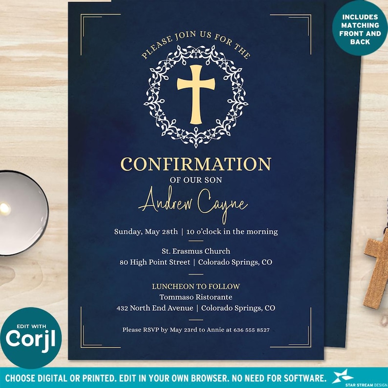 Boy Confirmation Invitation, Blue Watercolor Cross Wreath Template, Editable 5x7 Boy Holy Sacrament Invite, First Communion Printable Evite image 2